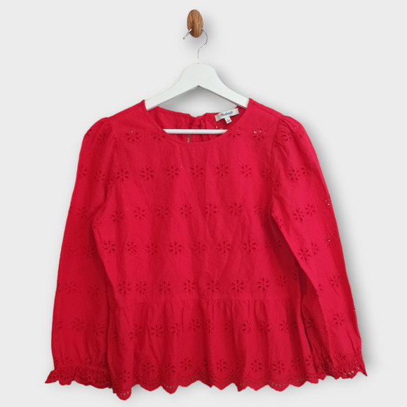Madewell Top Women's Small Red Scalloped Eyelet Keyhole Peplum Back Top Ties - Picture 1 of 6